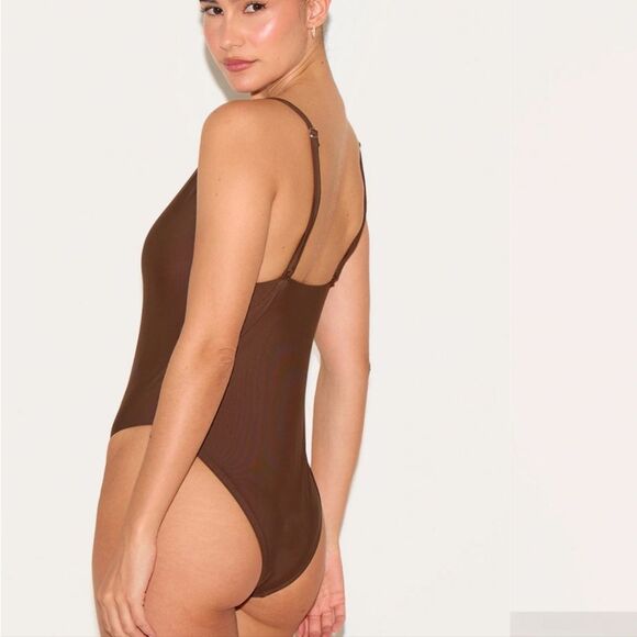 Womens Chocolate Brown Plunge Neckline One-Piece Swimsuit sz XL - Picture 6 of 11